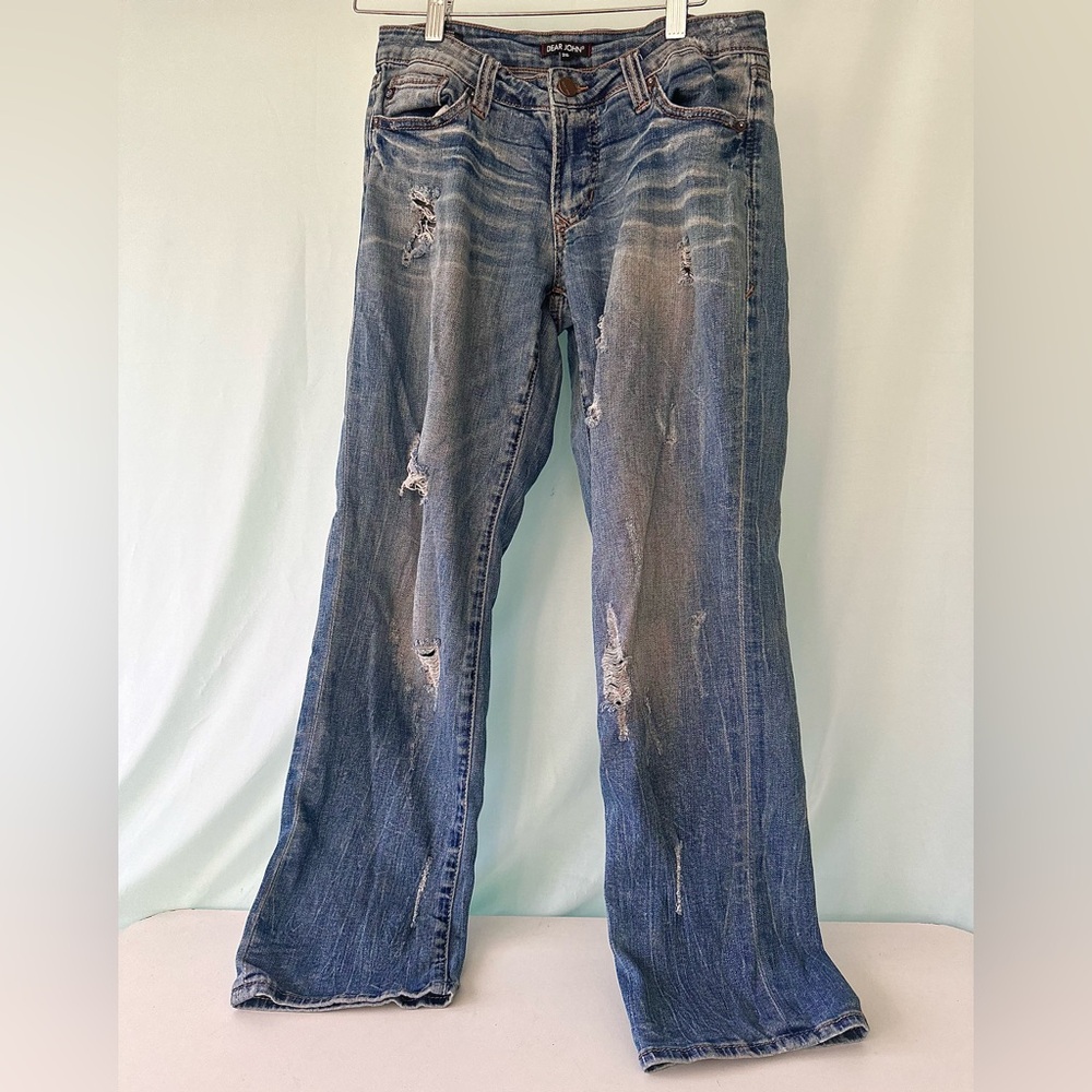Dear John Light Blue Denim Distressed Jeans Playback Cuffed Cropped Straight Leg